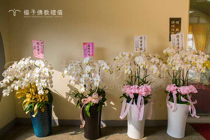現代民眾大多會指定高雅的蘭花來致贈花籃,上插一「花牌」紙樣。蘭花分有二梗、三梗、五梗不等。九株、七株、五株等,弔唁以一對為主且花朵要盡量全開。 攝/楊子佛教禮儀公司 現代民眾大多會指定高雅的蘭花來致贈花籃,上插一「花牌」紙樣。蘭花分有二梗、三梗、五梗不等。九株、七株、五株等,弔唁以一對為主且花朵要盡量全開。|楊子佛教禮儀公司