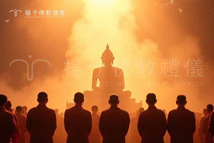 三啟儀式中，法師引領誦經唱讚，空氣中瀰漫著禪悅與寧靜，禮拜千佛名號，眾人心念清明，誓願往生極樂淨土。｜楊子佛教禮儀公司