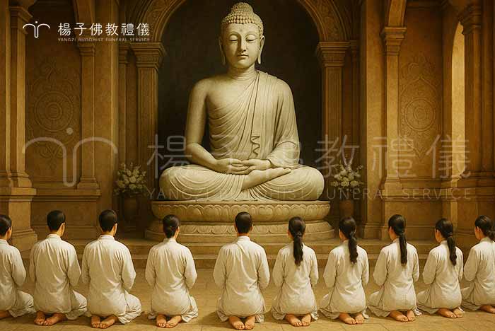 《佛說彌陀寶懺》依三啟儀軌展開，禮讚「蓮池海會」、誦《佛說無量壽經》與《阿彌陀經》，十二禮敬阿彌陀佛，發願懺悔並持誦密咒，歷時三至四小時，分上下卷圓滿修懺，淨化業障、增長淨土福德。｜楊子佛教禮儀公司