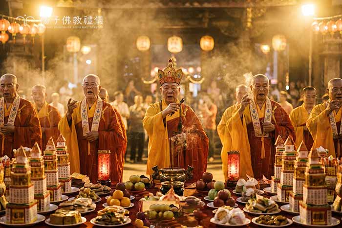 瑜伽焰口法會。僧眾如法誦經,仰承佛力為孤魂眷屬說法,勸發菩提心並導向極樂淨土。攝/楊子佛教禮儀公司 瑜伽焰口法會。僧眾如法誦經,仰承佛力為孤魂眷屬說法,勸發菩提心並導向極樂淨土。|楊子佛教禮儀公司