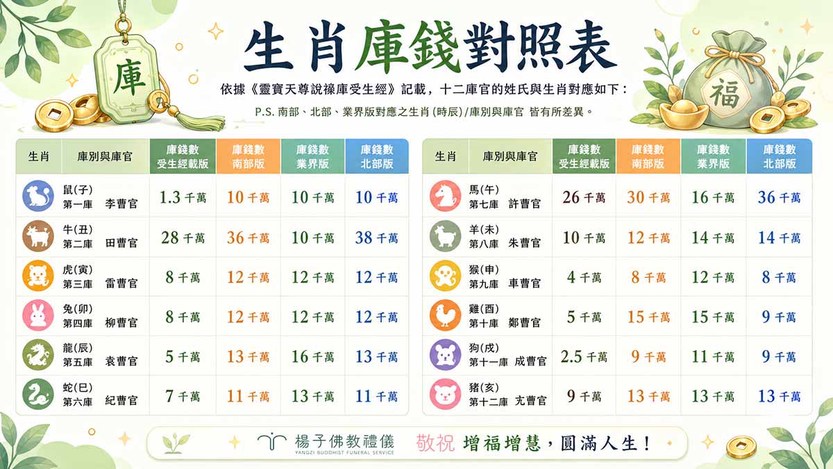 不同地區的庫錢外觀、幣值認定以及換算方式都有落差，因此坊間有不同版本的對照表｜楊子佛教禮儀公司