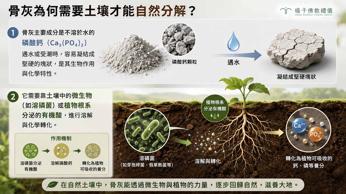 植存時分裝成三袋倒入不同土穴，能大幅增加骨灰與土壤的接觸面積。這能讓土壤中的溶磷菌與植物根系分泌的有機酸發揮作用，緩慢溶解磷酸鈣，轉化為植物生長所需的磷與鈣，順利回歸自然生態。｜楊子佛教禮儀公司-法鼓山植存儀式