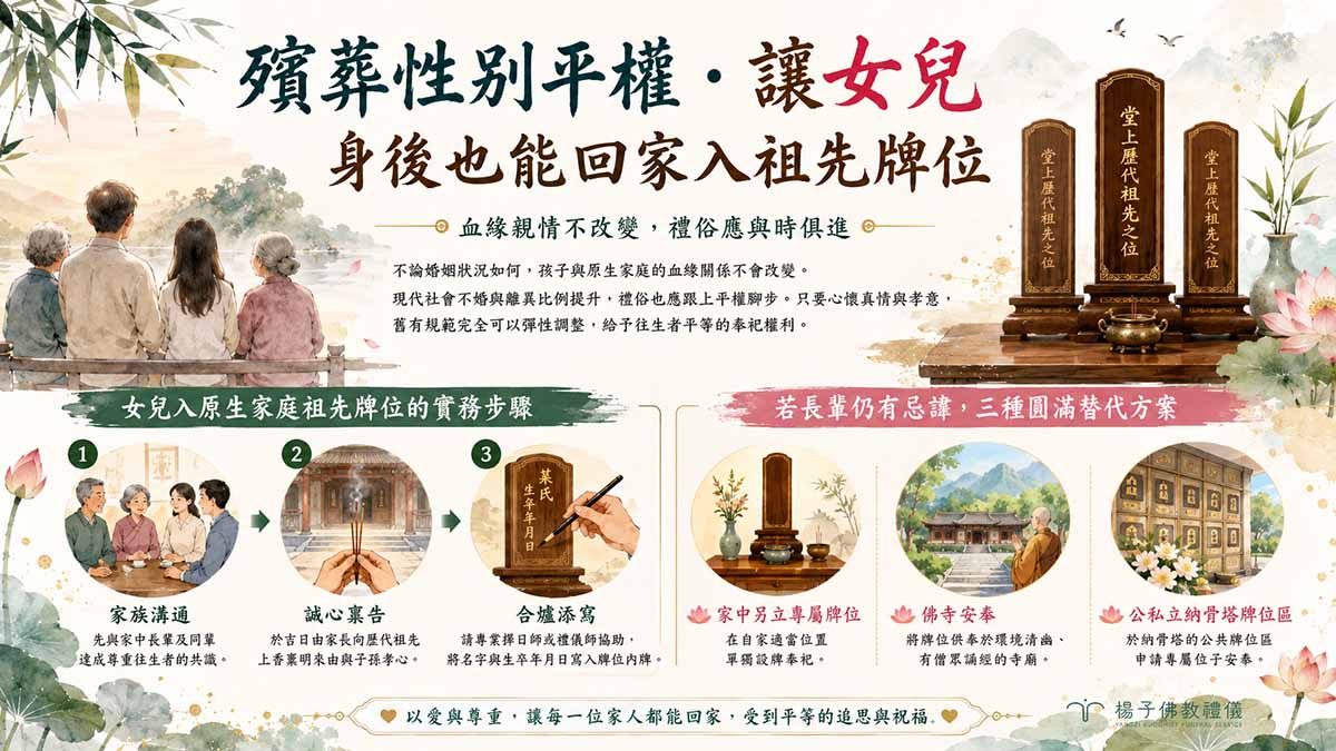 許多家庭面臨未婚或離婚女兒變故的身後事規劃，懷著不安與愧疚尋求解答。然而親情與關愛不分婚姻狀態與性別，包容與體諒的新觀念即是最佳善解。｜楊子佛教禮儀公司
