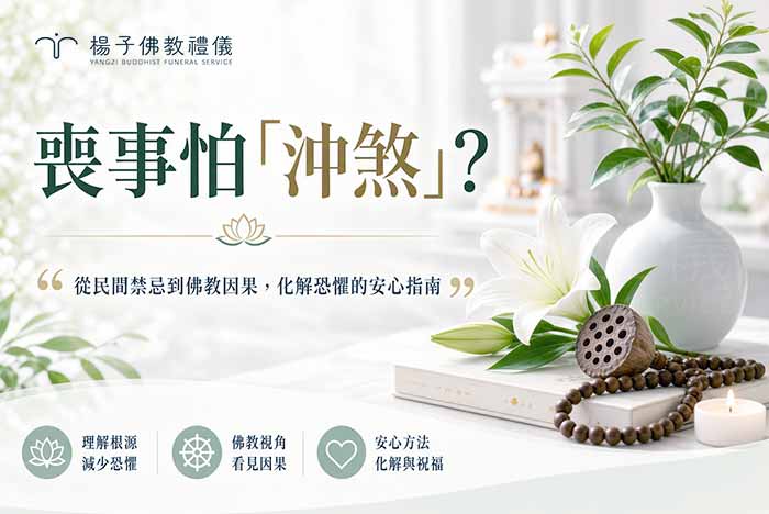 去告別式或殯儀館助念怕被沖煞?瞭解民間喪煞由來與佛教因果觀,破除遺體沖剋迷思,用正念善心化解不安,圓滿致哀。圖/楊子佛教禮儀公司 去告別式或殯儀館助念怕被沖煞?瞭解民間喪煞由來與佛教因果觀,破除遺體沖剋迷思,用正念善心化解不安,圓滿致哀。|楊子佛教禮儀公司 莊嚴佛事與助念