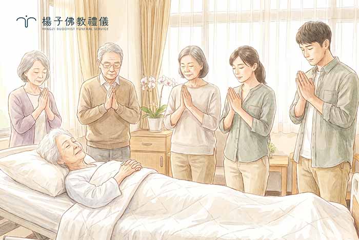 ▲台灣家庭於簡約清雅的佛堂前安詳念佛，光線柔和寧靜｜楊子佛教禮儀公司